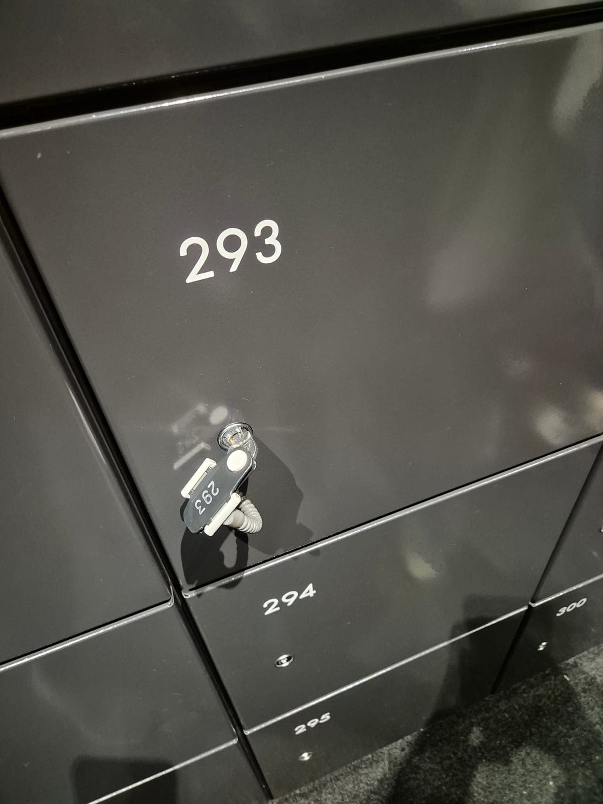 Fila de casilleros negros numerados en teamLab Borderless, con una llave colgada en uno de ellos