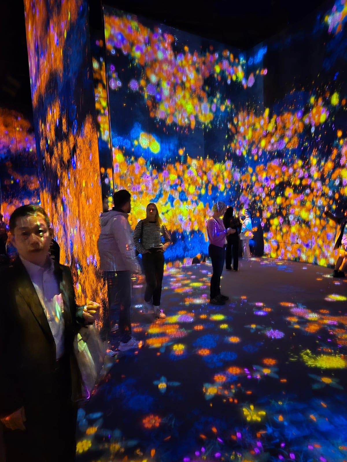 Proyecciones de mariposas y flores de colores flotando sobre paredes negras en teamLab Borderless, con visitantes observando