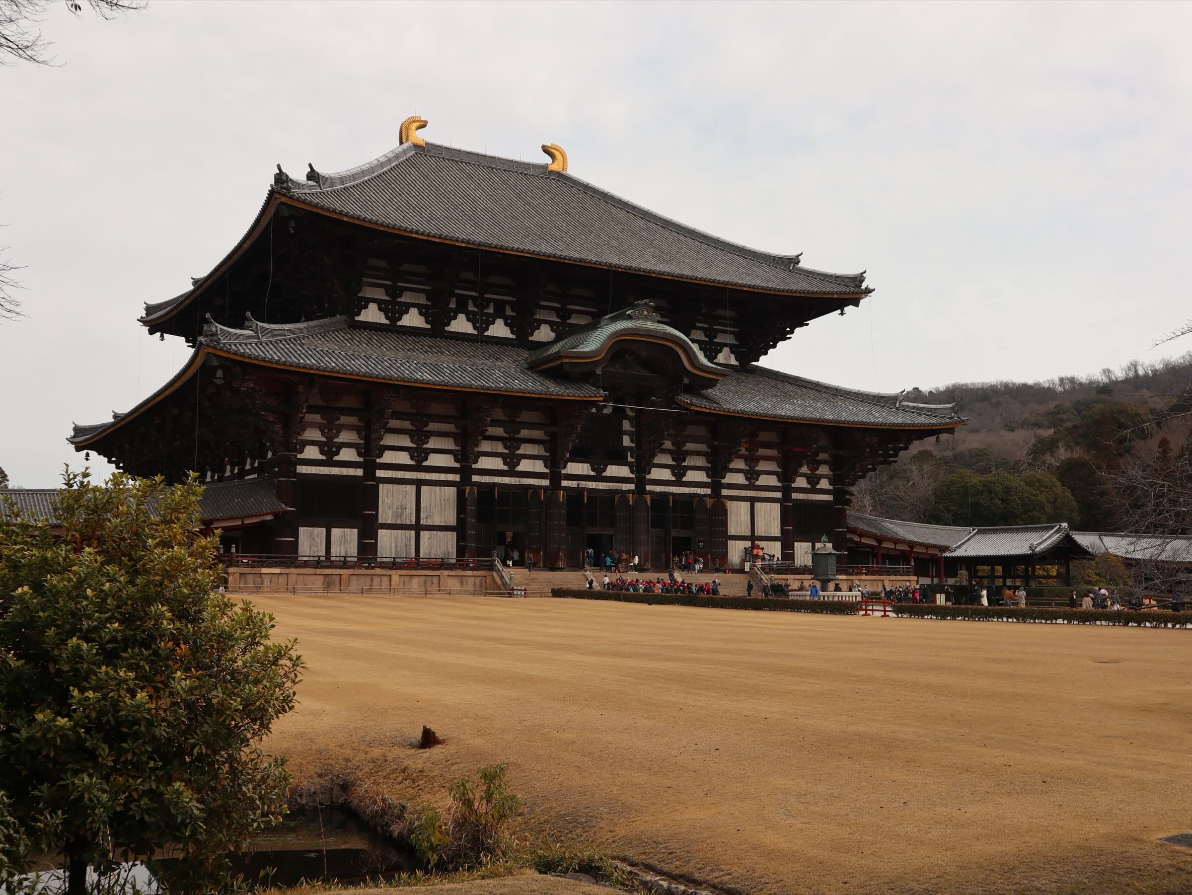 La fachada de madera del Daibutsuden, el pabellón principal del templo Tōdai-ji en Nara, bajo un cielo despejado