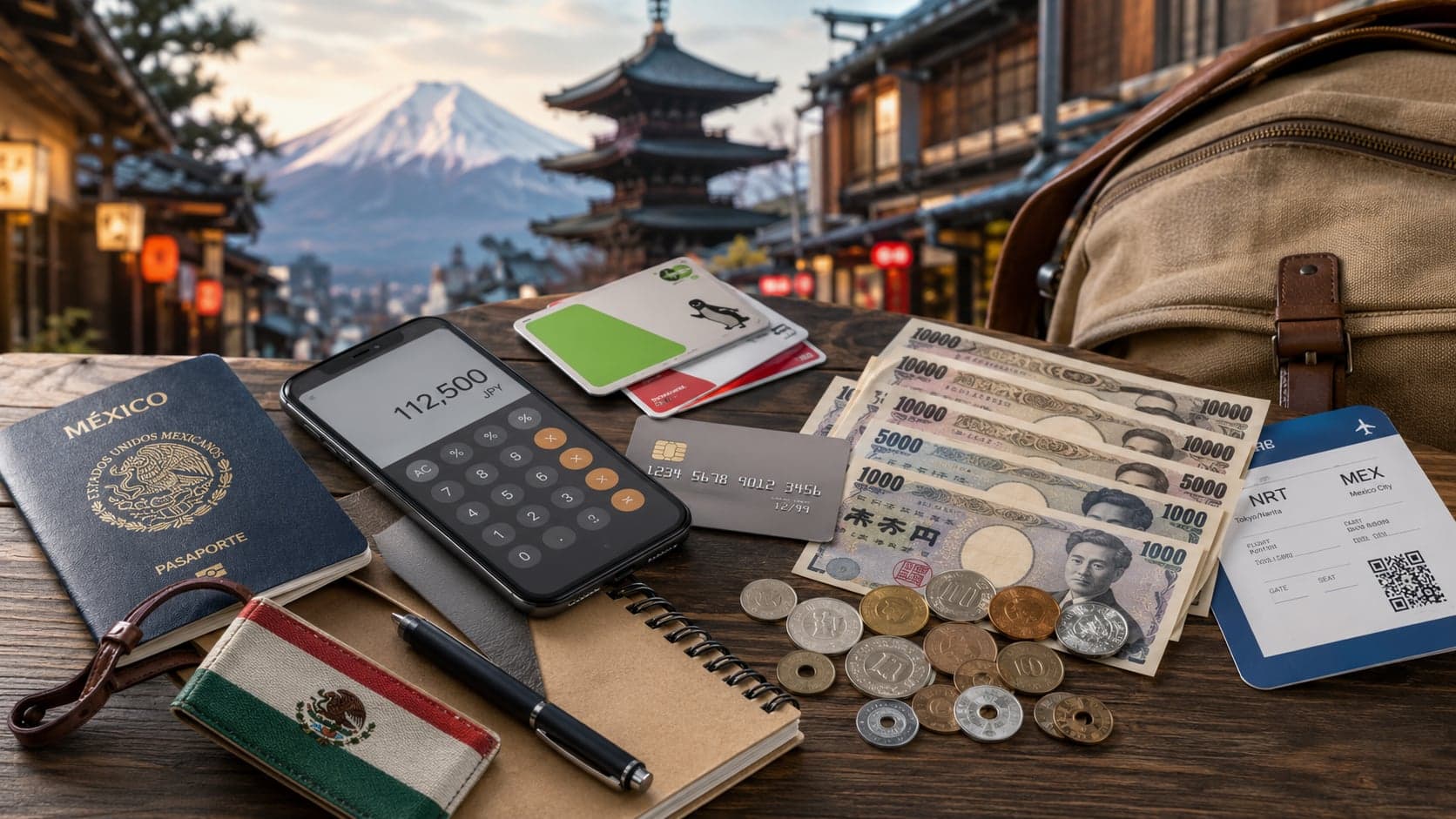 Pasaporte mexicano, billetes y monedas de yenes, tarjetas IC, una tarjeta bancaria, un pase de abordar Narita-Ciudad de México y un celular con una calculadora mostrando 112,500 JPY, sobre una mesa de madera con el monte Fuji y una pagoda de fondo