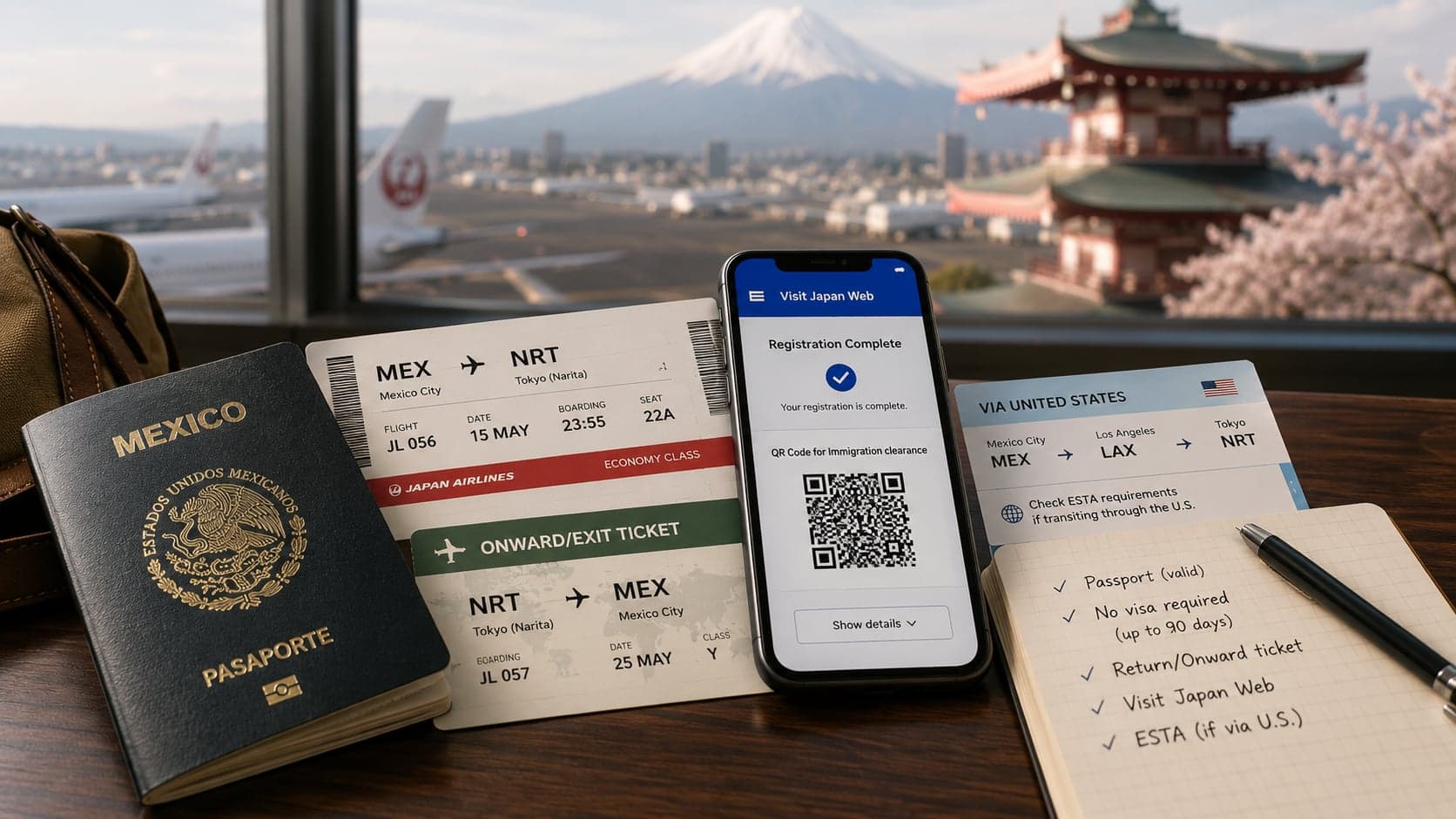 Pasaporte mexicano, pases de abordar de ida y vuelta México-Tokio Narita, un celular con el registro completo de Visit Japan Web y su código QR, y una libreta con una lista de requisitos, con el monte Fuji y una pagoda entre cerezos de fondo