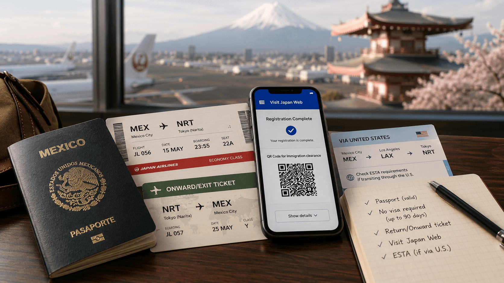 Pasaporte mexicano, pases de abordar de ida y vuelta México-Tokio Narita, un celular con el registro completo de Visit Japan Web y su código QR, y una libreta con una lista de requisitos, con el monte Fuji y una pagoda entre cerezos de fondo