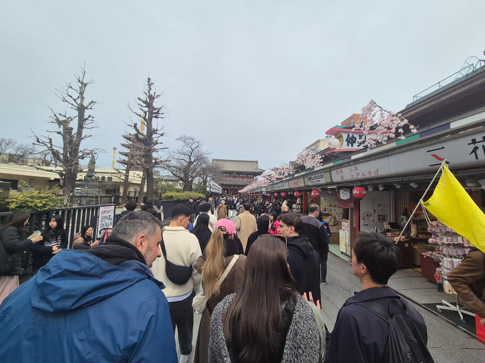 La calle Nakamise del templo Sensō-ji repleta de visitantes entre puestos tradicionales decorados con flores de cerezo