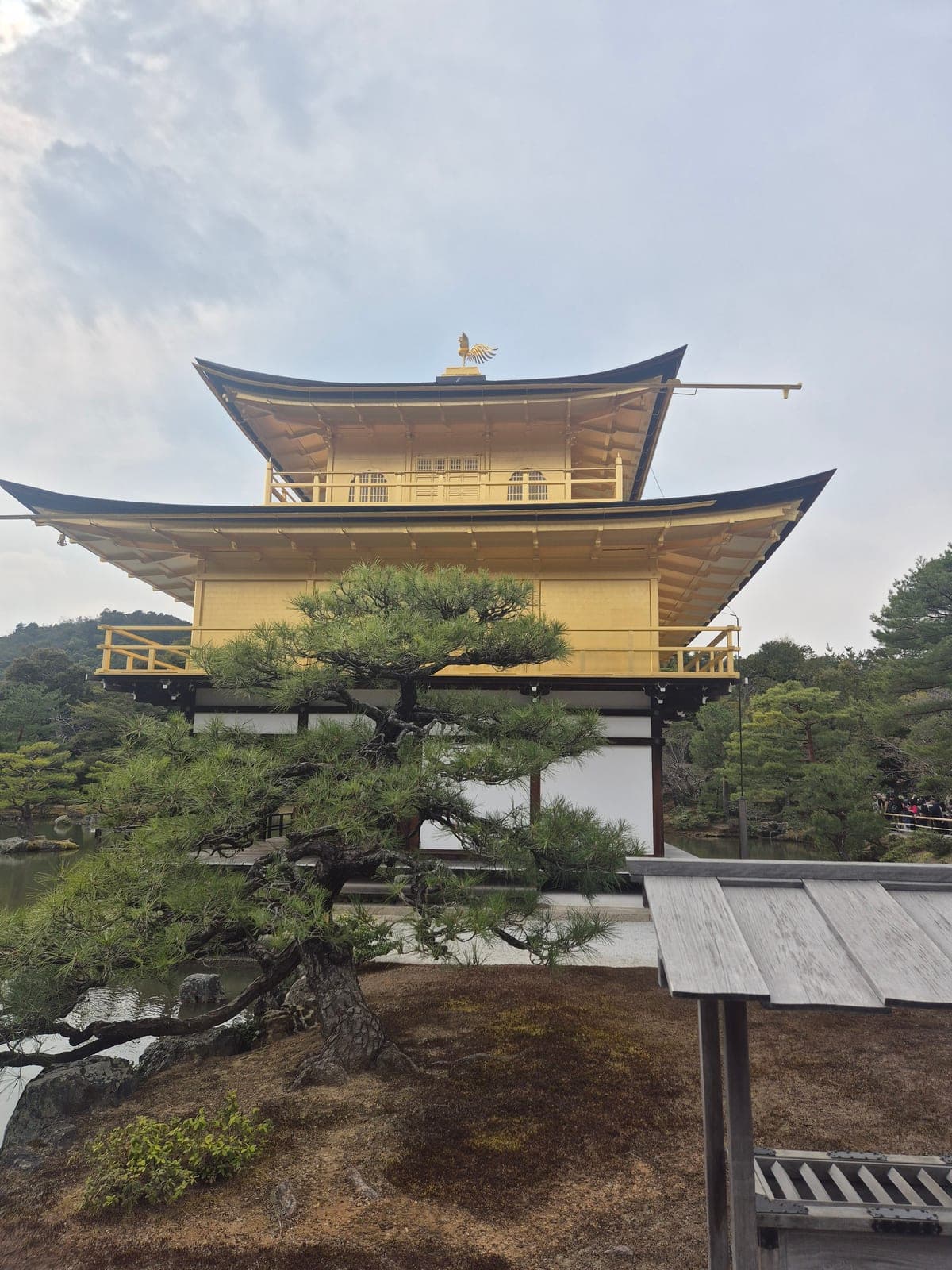 Detalle del tejado del Pabellón Dorado de Kinkaku-ji con el ornamento del fénix dorado en la cúspide, contra un cielo nublado