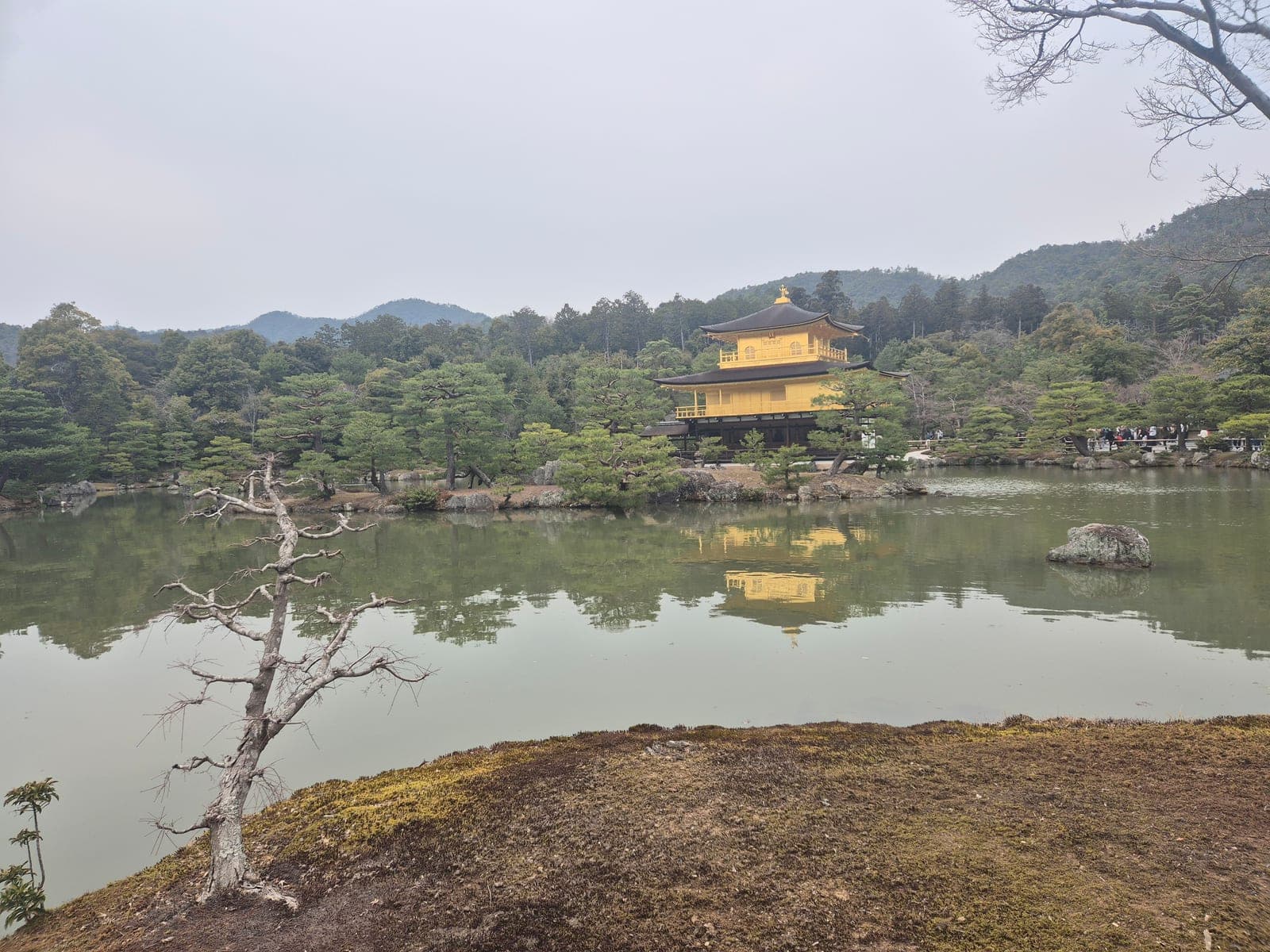 El Pabellón Dorado de Kinkaku-ji reflejado en el estanque Kyōko-chi, con visitantes en la plataforma de observación y montañas al fondo