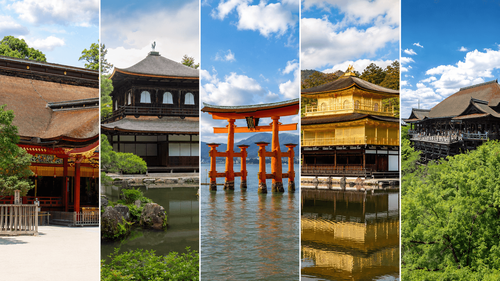 Colage de cinco templos y santuarios de Japón en paneles: Dazaifu Tenmangū, Ginkaku-ji, Itsukushima, Kinkaku-ji y Kiyomizu-dera