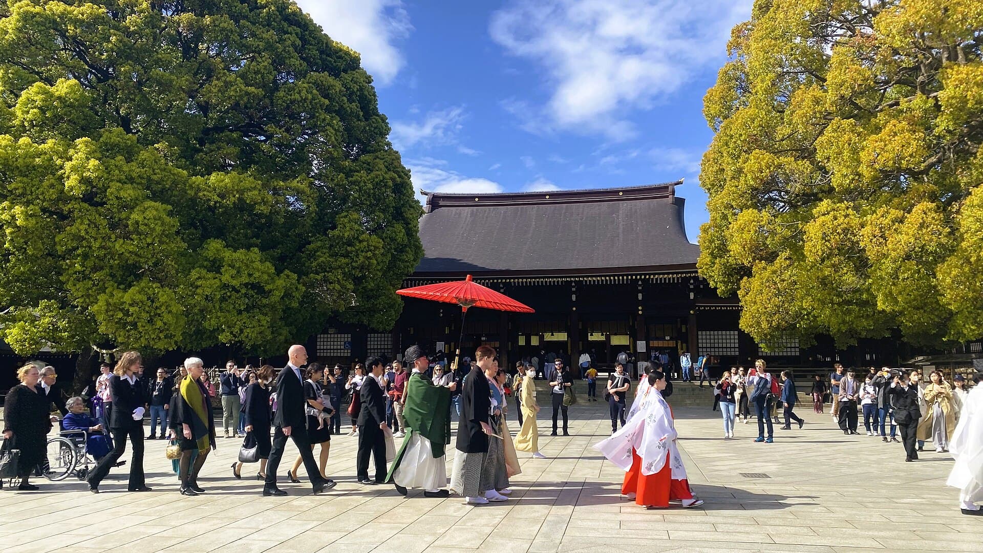 Gran puerta torii de madera en el santuario Meiji Jingū, Tokio
