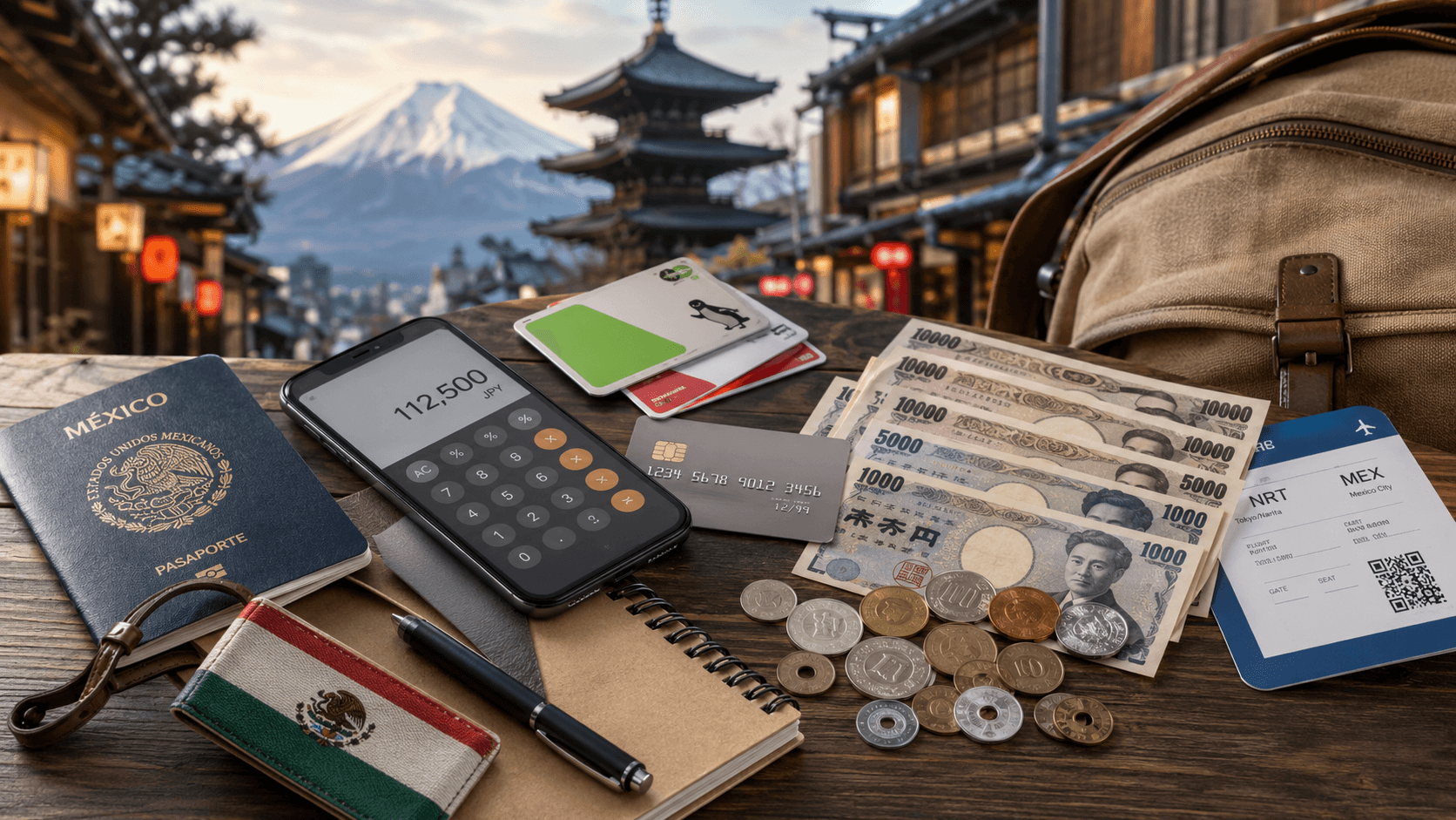 Pasaporte mexicano, billetes y monedas de yenes, tarjetas IC, una tarjeta bancaria, un pase de abordar Narita-Ciudad de México y un celular con una calculadora mostrando 112,500 JPY, sobre una mesa de madera con el monte Fuji y una pagoda de fondo