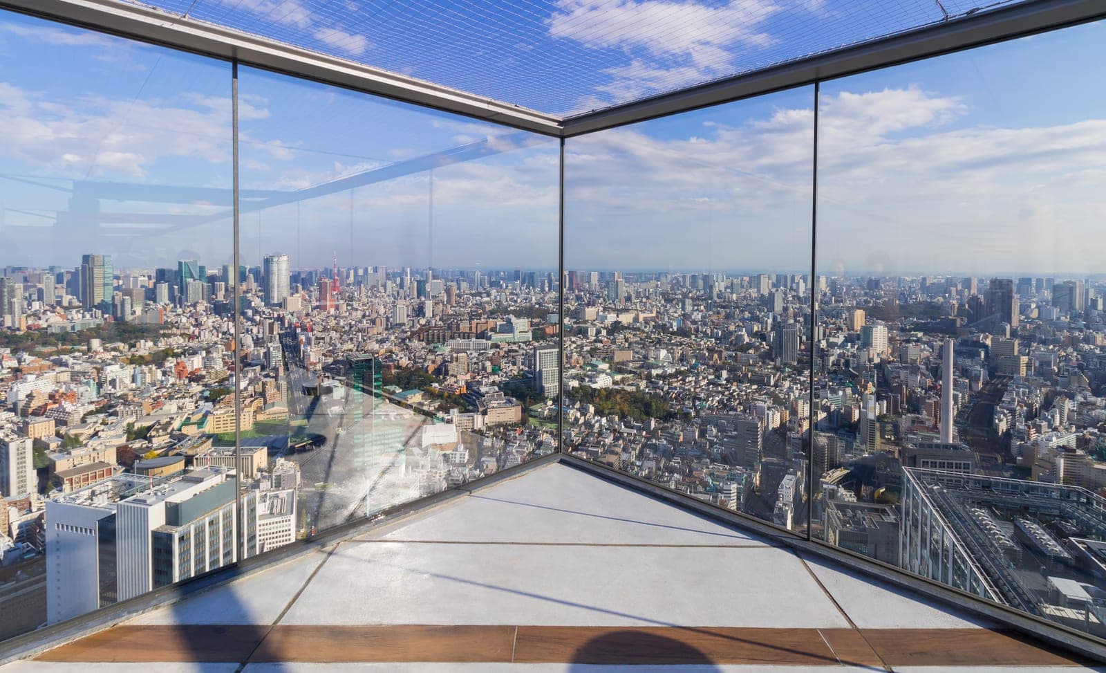 Vista panorámica de Tokio desde el mirador al aire libre Shibuya Sky, con la Torre de Tokio entre los rascacielos